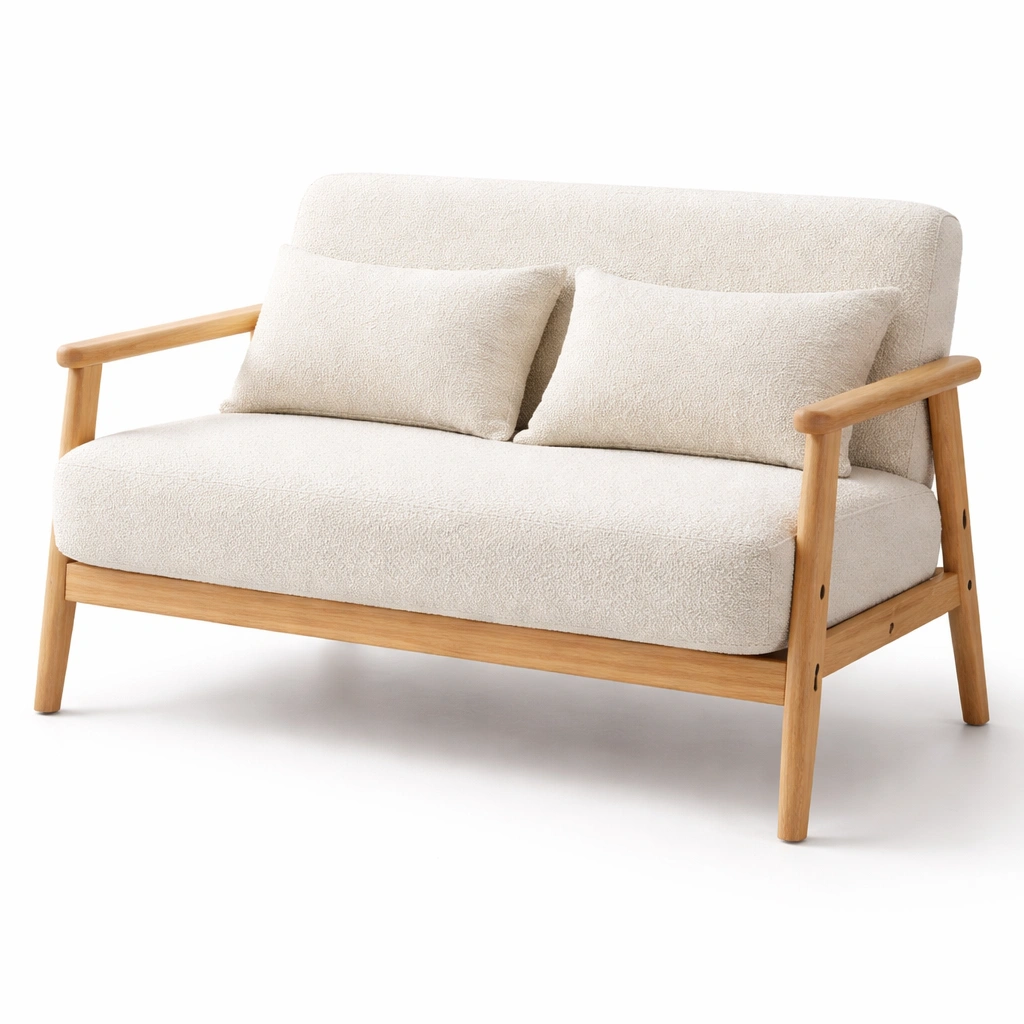 Sofa compacto de dos plazas con estructura de madera y cojines incluidos-cozanoe